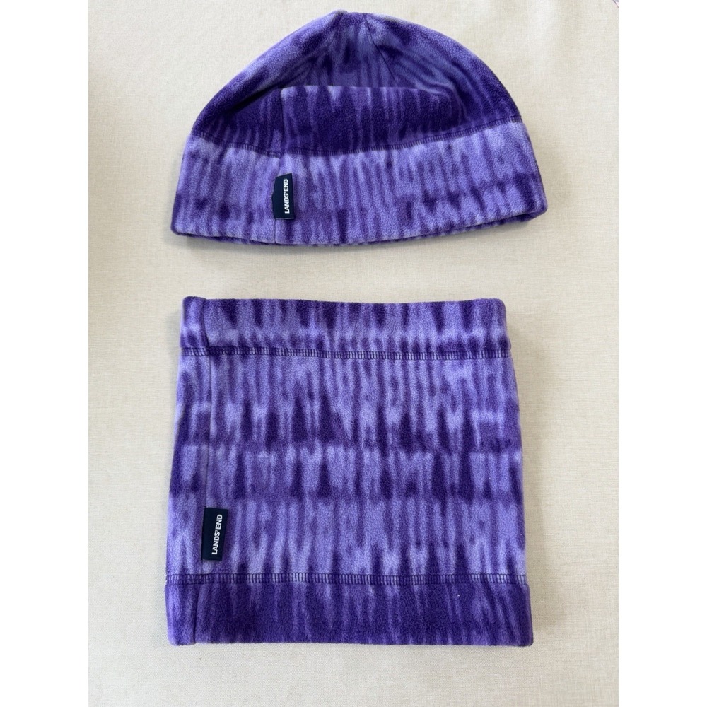 Lands End Purple Fleece Hat & Neck Gaiter Set Winter Cozy Outdoor OS Unisex Warm
